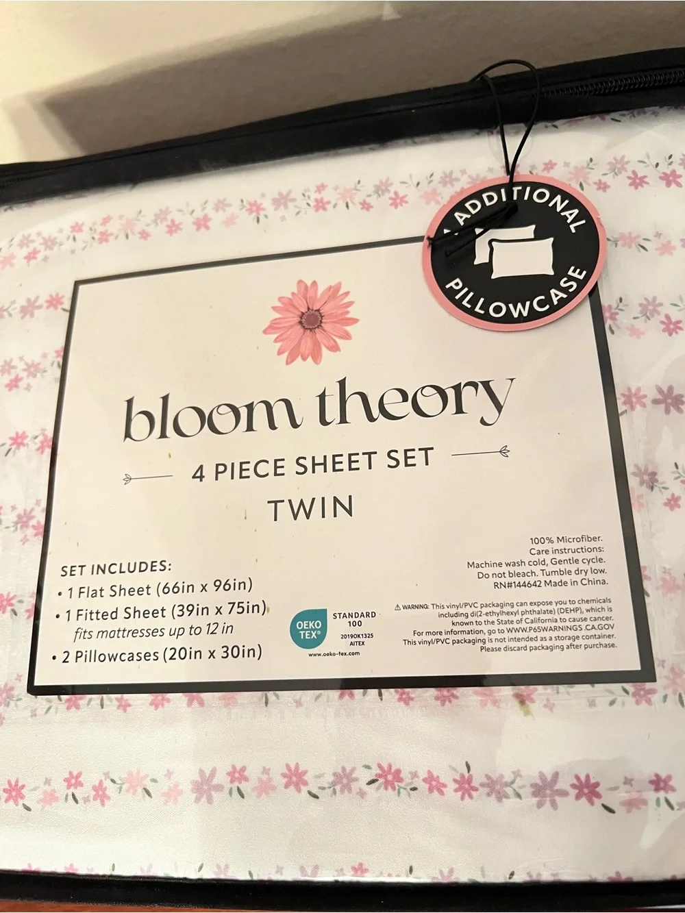 Bloom Theory 4 Piece Floral Twin Sized Sheet Set Pink Flowers 100% Microfiber